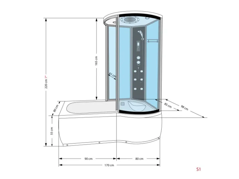 Best Kombination Whirlpool Dusche K55-L33-WP Duschkabine Wanne 170x100 Einhebelmischer