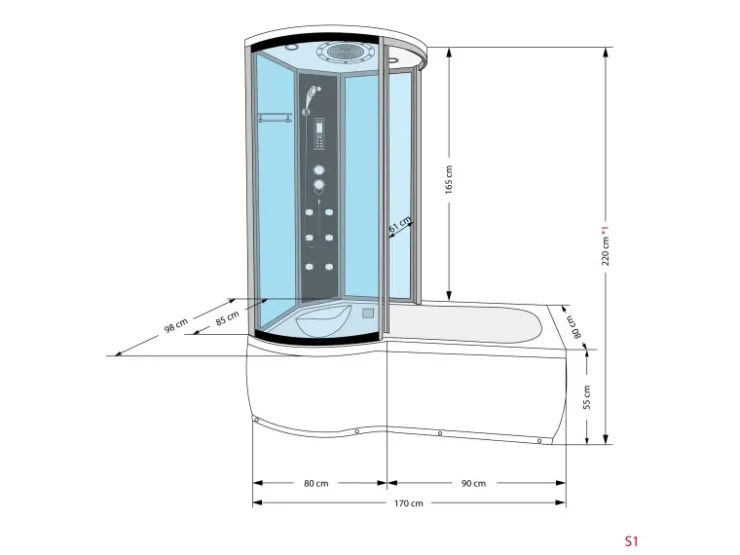 New AcquaVapore Kombination Whirlpool Dusche K55-R33-WP Duschkabine Wanne 100x170