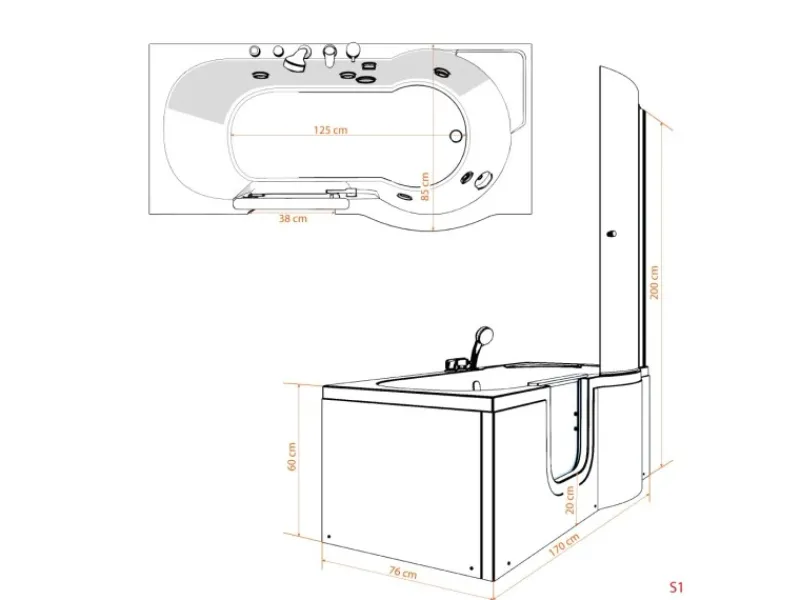 Online Seniorendusche und Badewanne mit Tür S12D-L Dusche 170x85 Einhebelmischer