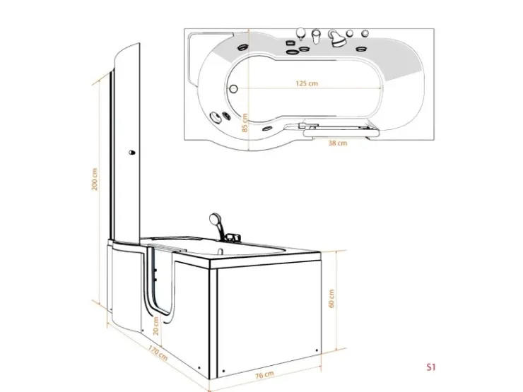 Clearance AcquaVapore Seniorendusche und Badewanne mit Tür S12D-TH-R Dusche 85x170
