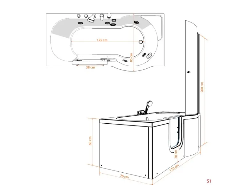 New Seniorendusche und Wanne mit Whirlpool S12D-EH-WP-L Dusche 170x85 Einhebelmischer