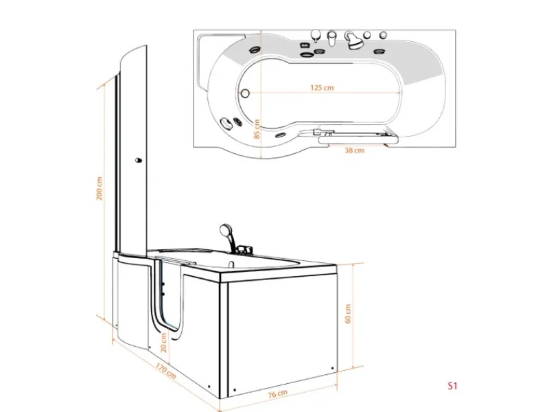 Sale Seniorendusche und Wanne mit Whirlpool S12D-TH-AIR-R Dusche 85x170 Einhebelmischer