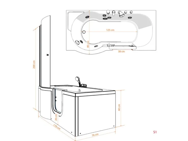 Best AcquaVapore Seniorendusche und Wanne mit Whirlpool S12D-TH-AIR-R-EC Dusche 85x17