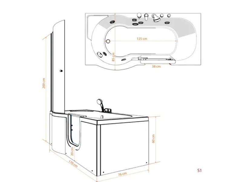 Discount Seniorendusche und Wanne mit Whirlpool S12D-EH-AIR-R-EC Dusche 85x17 Einhebelmischer