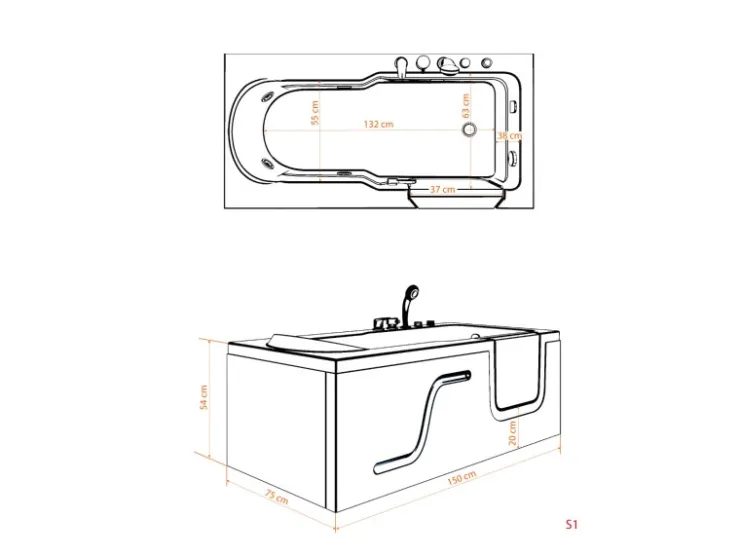 AcquaVapore Einhebelmischer<AquaVapore Whirlpool Seniorenwanne mit Tür S17-EH-WP-L 150x75cm
