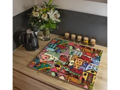 Banjado Herdabdeckplatte Glas 2 Teilig Je 30x52CM Schneidebrett Herdabdeckung Mit Motiv Ranke Gelb Weiß