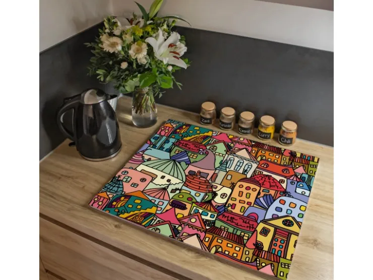 Banjado Herdabdeckplatte Glas 2 Teilig Je 30x52CM Schneidebrett Herdabdeckung Mit Motiv Ranke Gelb Weiß