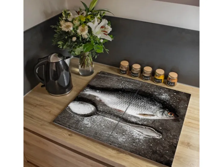 Sale Banjado Herdabdeckplatte Glas 2 Teilig Je 30x52CM Schneidebrett Herdabdeckung Mit Motiv Fisch Und Salz