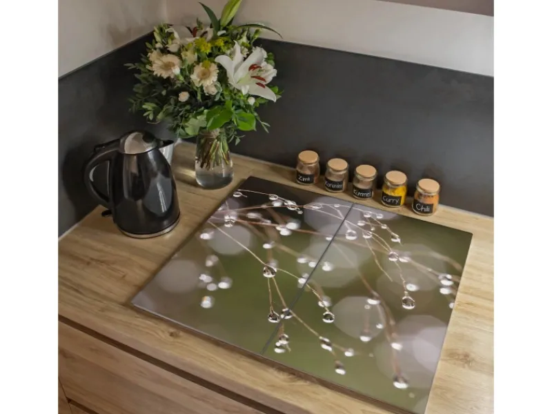 Sale Herdabdeckplatte Glas 2 Teilig Je 30x52CM Schneidebrett Herdabdeckung Mit Motiv Tau Auf Zweigen Herde|Kochfelder