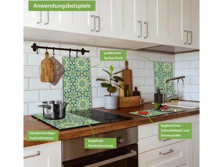 Banjado Herdabdeckungen|Herde<Herdabdeckplatte Glas 2 Teilig Je 30x52CM Schneidebrett Herdabdeckung Mit Motiv Kaleidoscop Grün