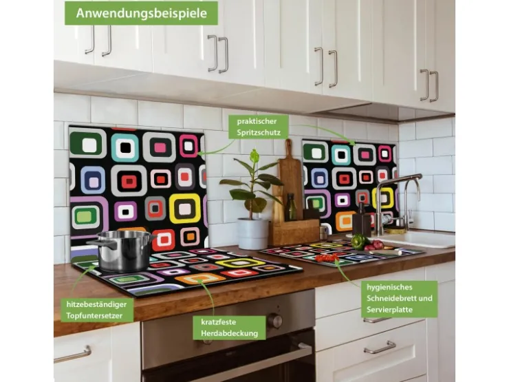 Outlet Herdabdeckplatte Glas 2 Teilig Je 30x52CM Schneidebrett Herdabdeckung Mit Motiv Holz Collage Bunt Herdabdeckungen|Herde