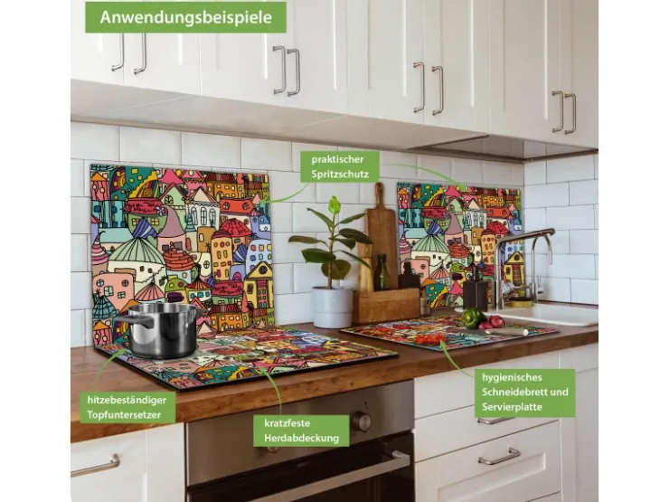 Banjado Herdabdeckungen|Kochfelder<Herdabdeckplatte Glas 1 Teilig 60x52CM Schneidebrett Herdabdeckung Mit Motiv Funky Town