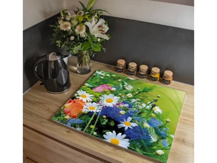 Banjado Herdabdeckungen|Kochfelder<Herdabdeckplatte Glas 1 Teilig 60x52CM Schneidebrett Herdabdeckung Mit Motiv Blumenstrauß