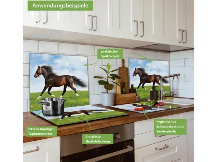Banjado Herdabdeckungen|Kochfelder<Herdabdeckplatte Glas 1 Teilig 60x52CM Schneidebrett Herdabdeckung Mit Motiv Pferd