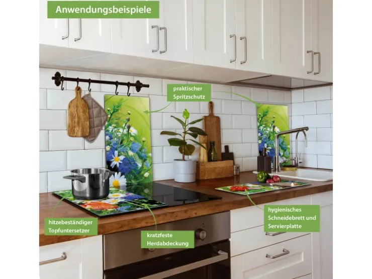 Banjado Schneidebretter|Herdabdeckungen<Herdabdeckplatte Glas 2 Teilig Je 30x52CM Schneidebrett Herdabdeckung Mit Motiv Blumenstrauß