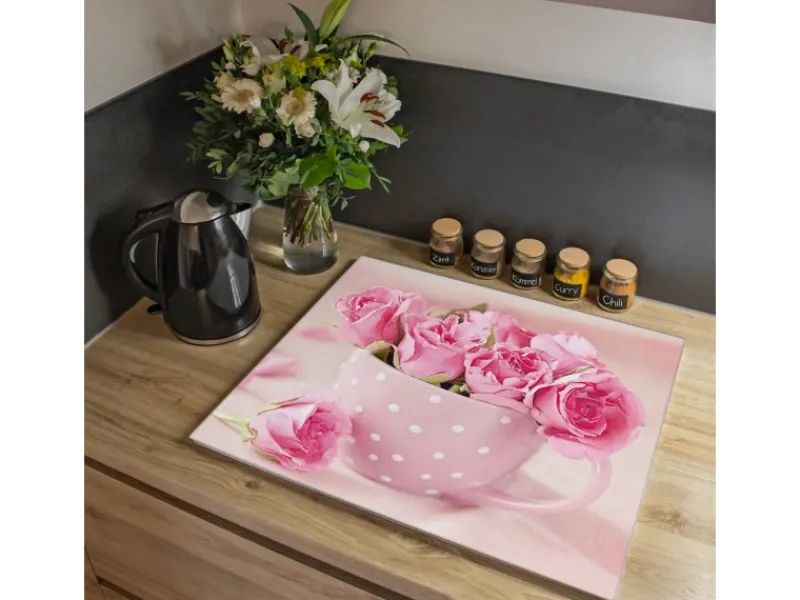Online Herdabdeckplatte Glas 1 Teilig 60x52CM Schneidebrett Herdabdeckung Mit Motiv Tasse Voll Rosen Schneidebretter|Herdabdeckungen