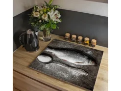Banjado Schneidebretter|Herdabdeckungen<Herdabdeckplatte Glas 1 Teilig 60x52CM Schneidebrett Herdabdeckung Mit Motiv Fisch Und Salz