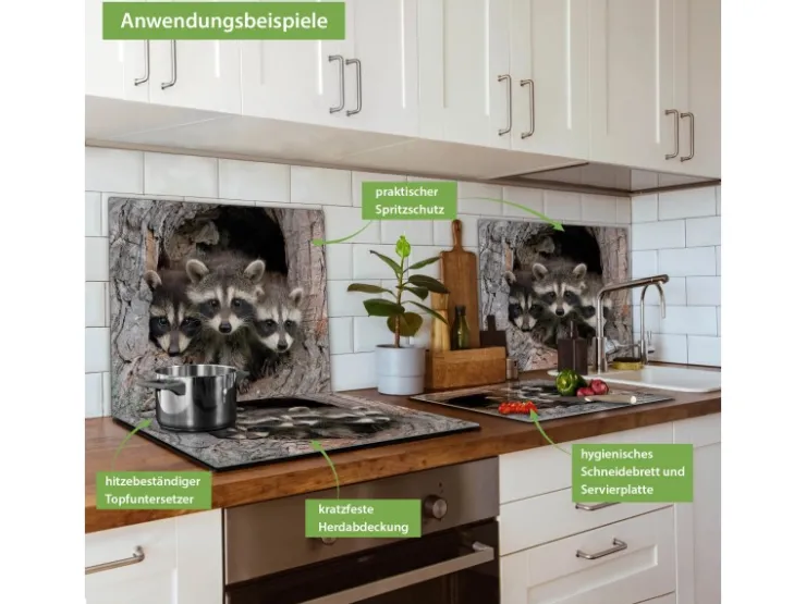 Outlet Banjado Herdabdeckplatte Glas 1 Teilig 60x52CM Schneidebrett Herdabdeckung Mit Motiv Drei Waschbären