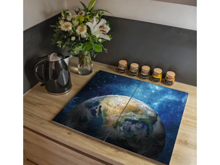 Banjado Schneidebretter|Herdabdeckungen<Herdabdeckplatte Glas 2 Teilig Je 30x52CM Schneidebrett Herdabdeckung Mit Motiv Erdkugel