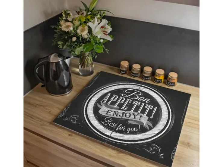 Banjado Schneidebretter|Herdabdeckungen<Herdabdeckplatte Glas 2 Teilig Je 30x52CM Schneidebrett Herdabdeckung Mit Motiv Bon Appetit
