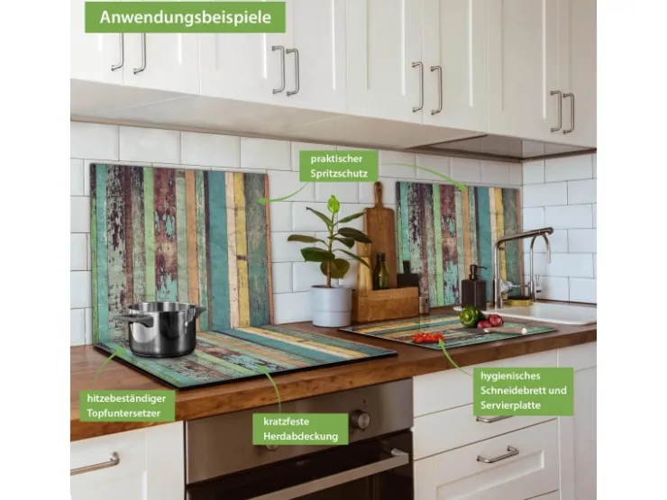 Outlet Banjado Herdabdeckplatte Glas 2 Teilig Je 30x52CM Schneidebrett Herdabdeckung Mit Motiv Bunte Holzlatten