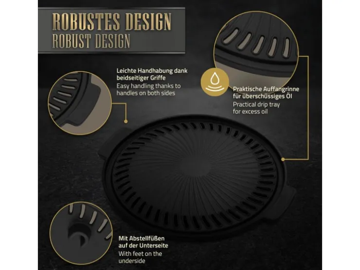 Sale BBQ#BOSS Grillplatte aus Gusseisen 32 cm Runde Gusspfanne Gerippte Bratpfanne