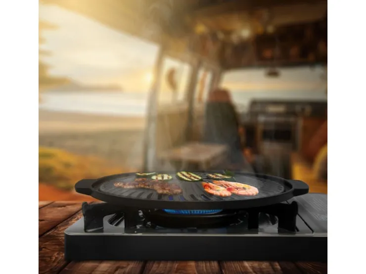 Sale BBQ#BOSS Grillplatte aus Gusseisen 32 cm Runde Gusspfanne Gerippte Bratpfanne