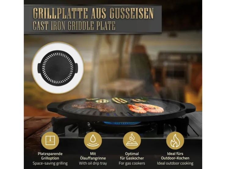 Sale BBQ#BOSS Grillplatte aus Gusseisen 32 cm Runde Gusspfanne Gerippte Bratpfanne