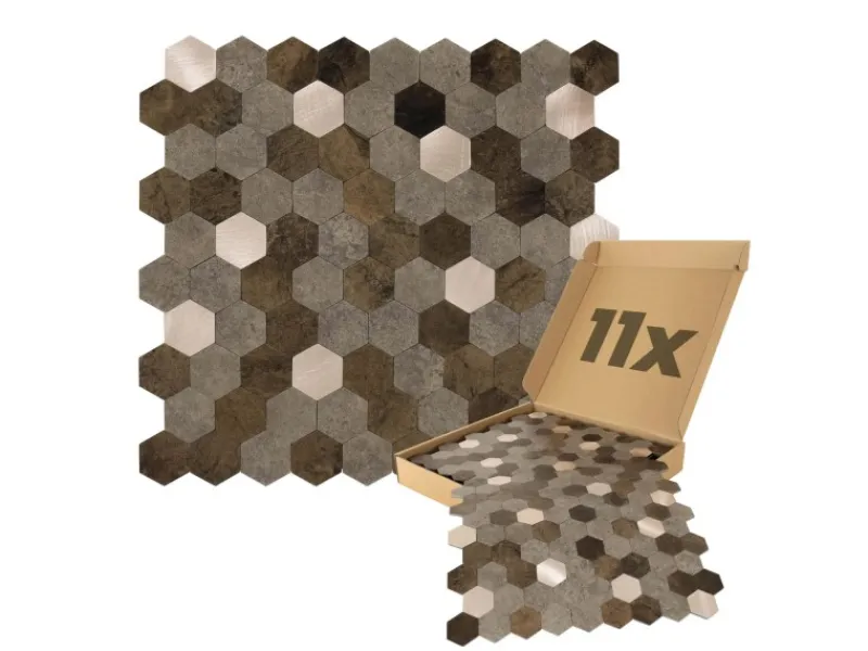 Discount Selbstklebende Fliesen 0,88m² 11 Stück Hexagon Braun Mix Gold Küchenrückwände