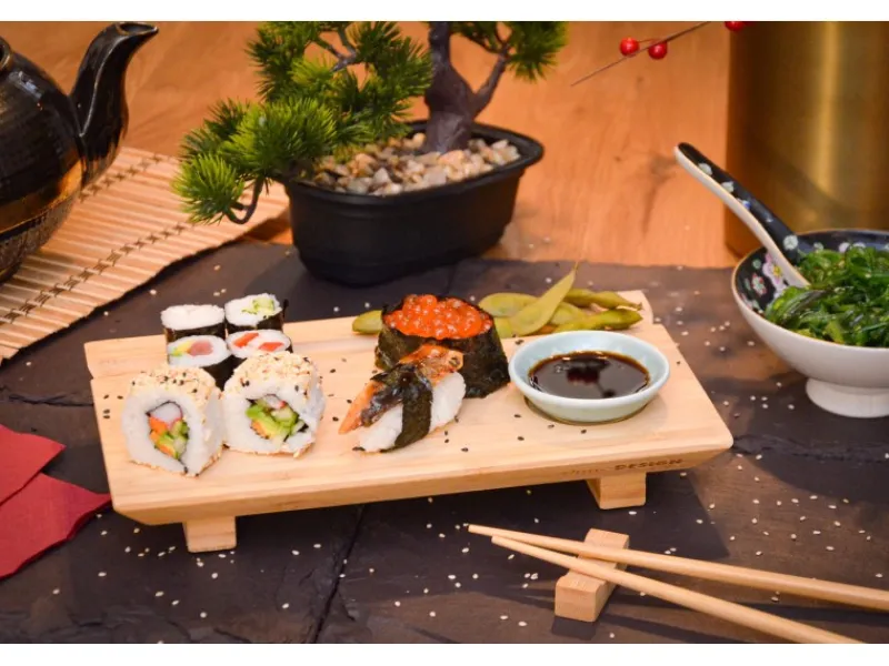 2er Set Japanisches Sushi Brett 27 x 16 x 4 cm mit Schälchen Küchenhelfer