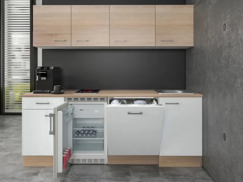 Outlet Büroküche Florida 210 cm Weiß-Sonoma Eiche Single-Küchen|Kühlschränke