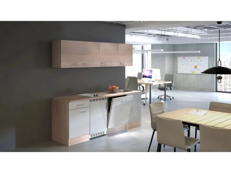 Outlet Büroküche Florida 210 cm Weiß-Sonoma Eiche Single-Küchen|Kühlschränke