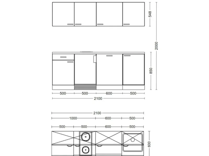 Outlet Büroküche Florida 210 cm Weiß-Sonoma Eiche Single-Küchen|Kühlschränke