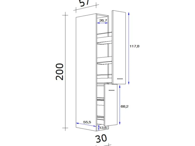 Outlet Küchen-Apothekerschrank Wito 200 cm x 30 cm x 57 cm Küchenschränke