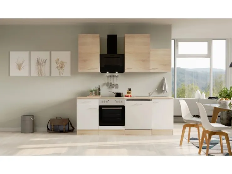 Flex-Well Classic Herde|Kochfelder<Küchenzeile Florida 220 cm Weiß - Sonoma Eiche
