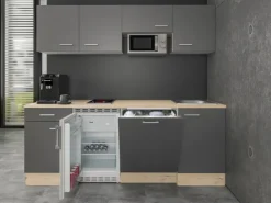 Flex-Well Exclusiv Einbauküchen|Kühlschränke<Büroküche Morena 210 cm Basaltgrau matt-San Remo Eiche hell