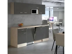 Hot Büroküche Morena 210 cm Basaltgrau Matt - San Remo Eiche Hell Single-Küchen|Kühlschränke