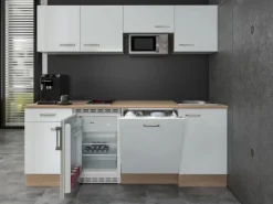 Online Büroküche Valero 210 cm Hochglanz Weiß-Sonoma Eiche Miniküchen|Kühlschränke