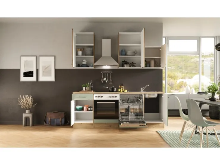 Best Flex-Well Exclusiv Küche 1701-016 Cara 220 cm Schilfgrün matt - Artisan Eiche