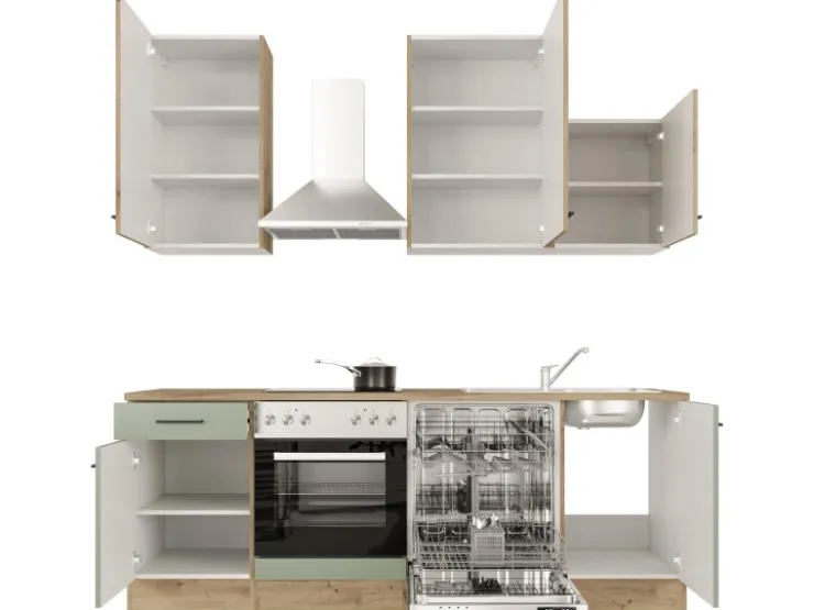 Best Flex-Well Exclusiv Küche 1701-016 Cara 220 cm Schilfgrün matt - Artisan Eiche