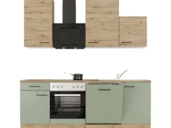 Clearance Küche 1701-017 Cara 220 cm Schilfgrün matt - Artisan Eiche Einbauküchen|Küchenschränke