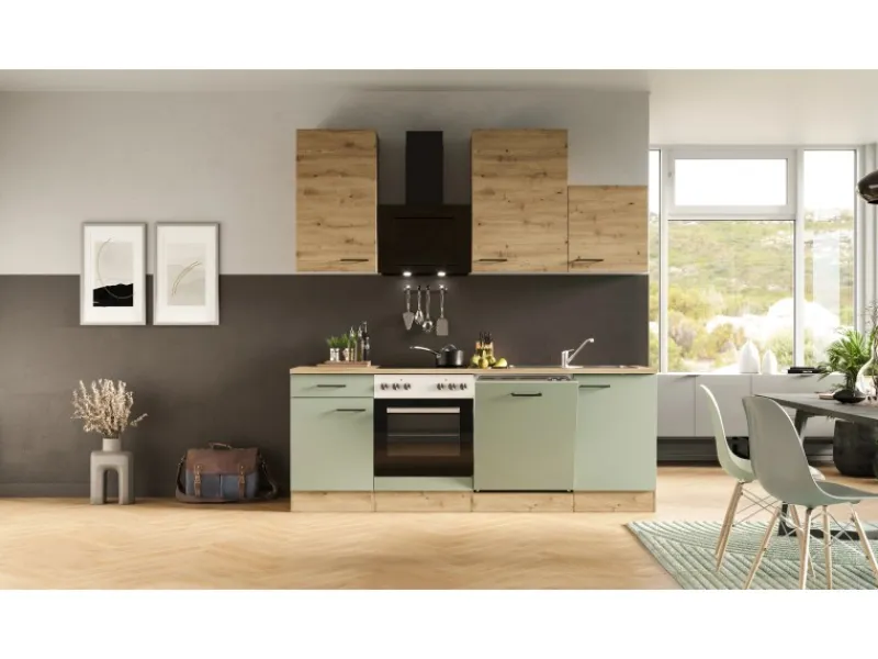 Clearance Küche 1701-017 Cara 220 cm Schilfgrün matt - Artisan Eiche Einbauküchen|Küchenschränke