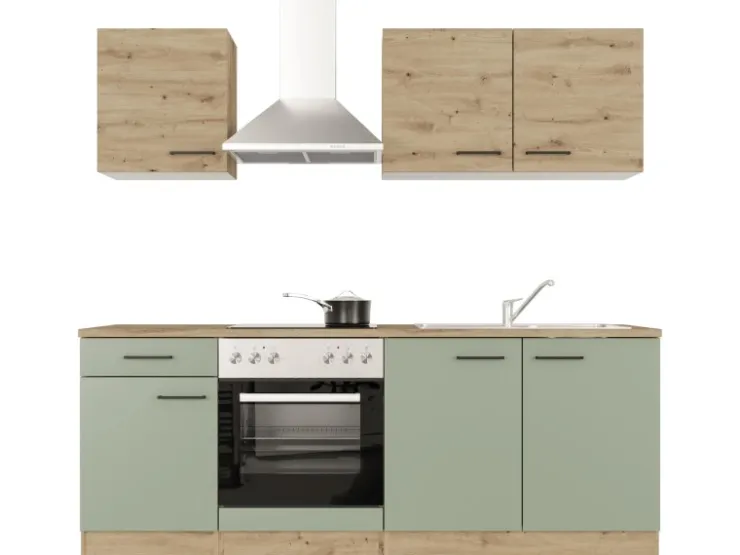 Outlet Flex-Well Exclusiv Küche 1601-036 Cara 210 cm Schilfgrün matt - Artisan Eiche