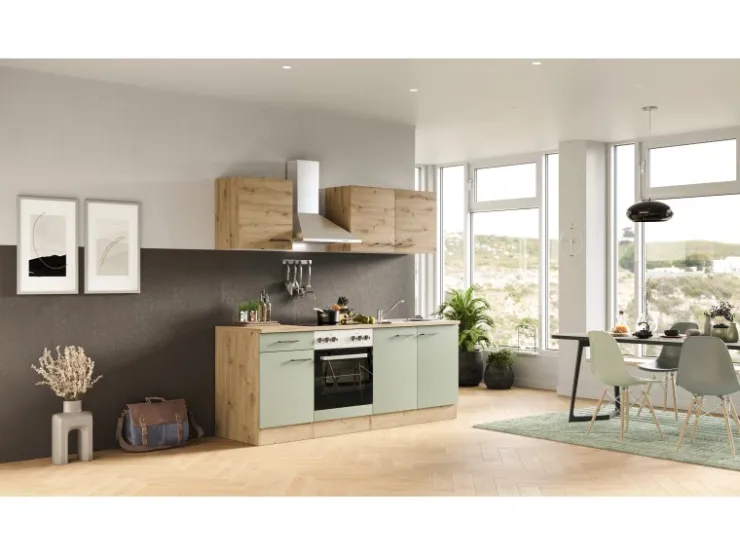 Outlet Flex-Well Exclusiv Küche 1601-036 Cara 210 cm Schilfgrün matt - Artisan Eiche