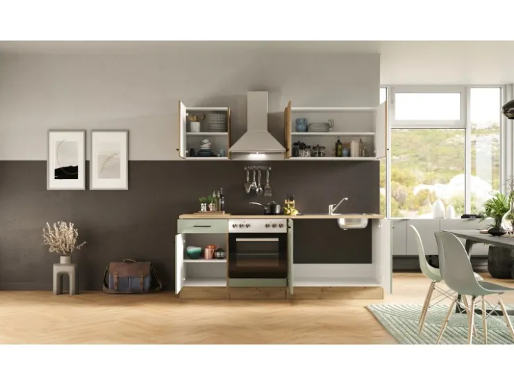 Outlet Flex-Well Exclusiv Küche 1601-036 Cara 210 cm Schilfgrün matt - Artisan Eiche