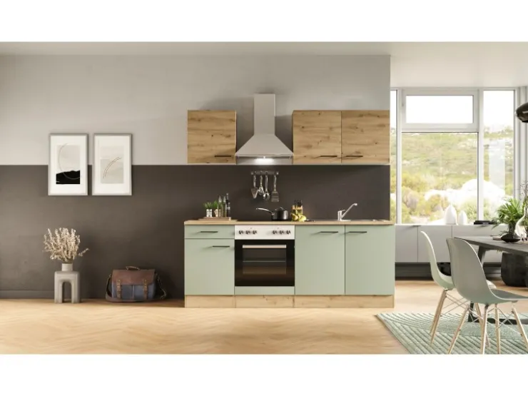Outlet Flex-Well Exclusiv Küche 1601-036 Cara 210 cm Schilfgrün matt - Artisan Eiche