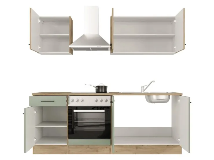 Outlet Flex-Well Exclusiv Küche 1601-036 Cara 210 cm Schilfgrün matt - Artisan Eiche