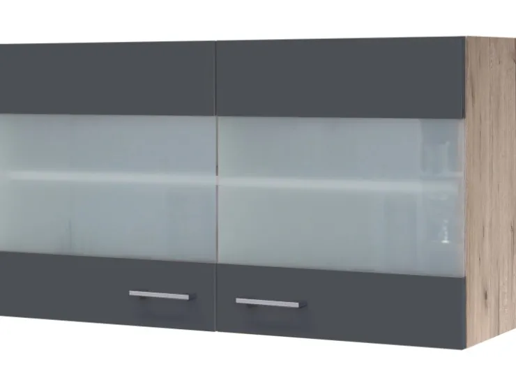 Discount Flex-Well Exclusiv Küchen-Glas-Oberschrank Morena 100cm Basaltgr.-San Remo Eiche