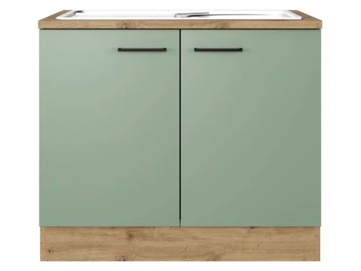 Flex-Well Exclusiv Küchenschränke<Küchen-Spülenschrank DSPU Cara 100cm Schilfgrün-Artisan Eiche