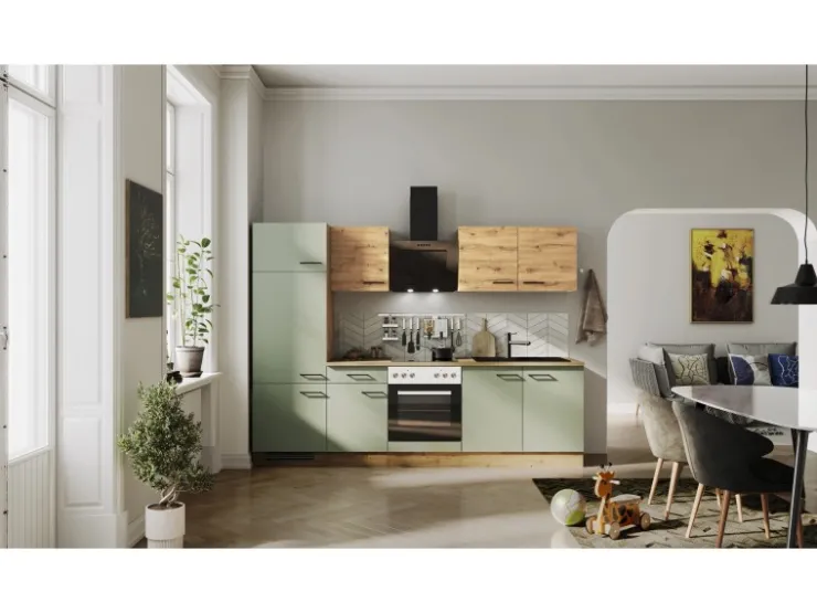 Flex-Well Exclusiv Einbauküchen<Küchenzeile Cara 270 cm Schilfgrün matt - Artisan Eiche